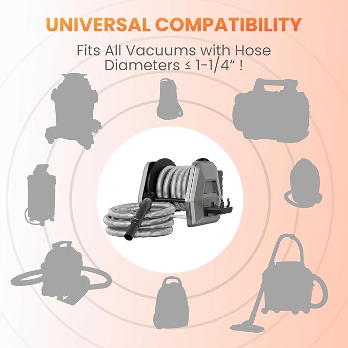 Giraffe Tools Vacuum Hose Reel with 30ft Extension Retractable Hose, 1-1/4'' Wall Mount Vacuum Replaceable Hose Suitable for 32mm Wet Dry Vacuums Cleaner