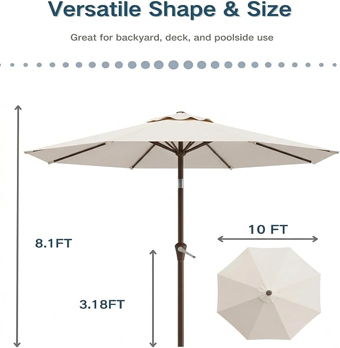 PatioKingdom 10FT Patio Umbrella with Push Button Tilt and Crank, Outdoor Market Umbrella with 8 Fiberglass Ribs, UV Protection Table Umbrella for Pool,Backyard,Garden,Deck