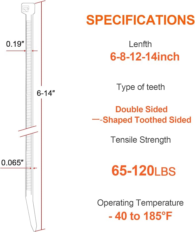 Assorted Zip Ties (400 Pack) - 6+8+12+14 Inch Double Sided Toothed, 100 LBS Tensile Strength. Heavy Duty Self-Locking Adjustable Nylon Cable Ties, More Durable for Indoor & Outdoor Use.