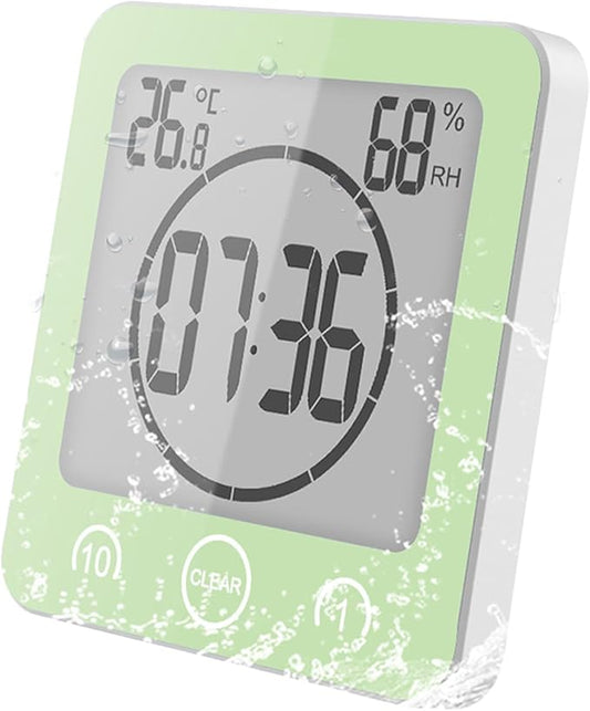 Digital Bathroom Shower Wall Clock Timer, LCD Digital Wall Clock with Suction Waterproof Temperature Humidity Gauge, Touch Screen Timer, Large Countdown Visual Timers Hanging Wall Clock (Green)
