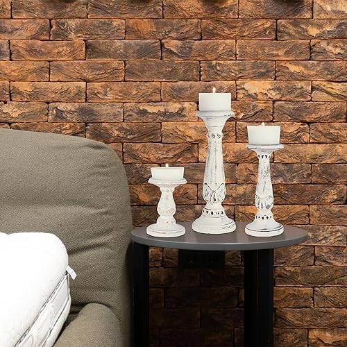 Mela Artisans Pakshi Wood Candle Holders - Distressed White, Set of 3 - Image 6