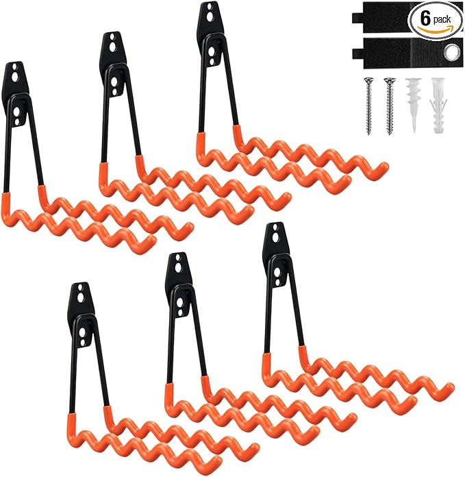 6 Pack Garage Hooks Heavy Duty with Anti-Slip Coating, Steel Utility Wave Hooks for Hanging Ropes, Bikes, Garden Tools, Hoses and More (Orange)