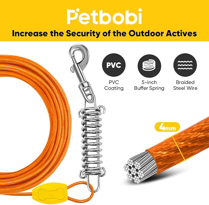 Petbobi Dog Tie-Out Cable and Stake - 30ft Heavy Duty Cable with Spring, No Tangle, 16in Ground Stake, Ideal for Outdoor Yard, Camping, Suitable for Small Medium Large Dogs Up to 120 lbs, Orange