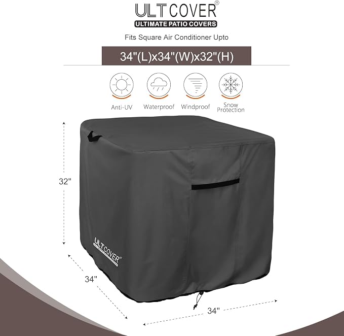 ULTCOVER Waterproof Square Air Conditioner Cover for Outside AC Units Size Upto 34W x 34D x 32H inch, Black