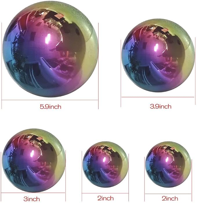 Gazing Ball Garden Mirror Outdoor - Outside Decorative Globe, Rainbow 5Pcs | Metal Polished Reflective Sphere, Stainless Steel Hollow Decoration Ornament for Home Pond Swimming Pool Housewarming Gift