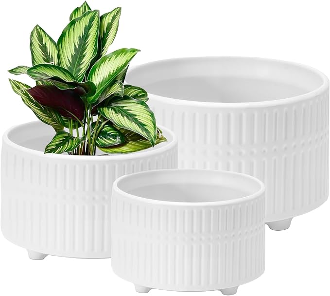 OXART Ceramic Plant Pots Indoor Pot Set with Drainage Holes, 12/9.6/8/inch Ceramic Planters Pots for Plants, Large Flower Pot for Plants Lilies, Cacti, Succulents, Snakes, and Pothos, White
