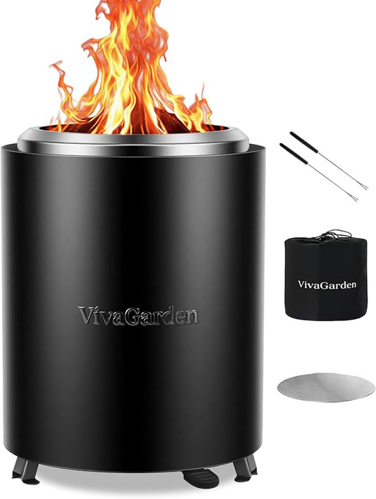 Portable Tabletop Fire Pit, VivaGarden Smokeless Table Top Fire Pit, Wood Burning & Pellets Outdoor Camping Stove with Carry Bag, Forks and Mat (9.7x7.1 Inch, Black)