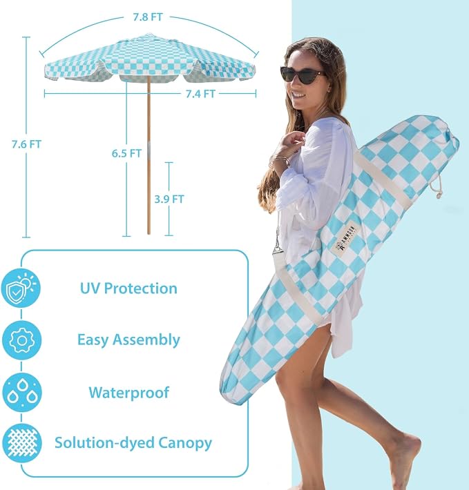 AMMSUN 7.8ft Outdoor Patio Umbrella, Boho Beach & Market Umbrella with UPF 50+ Water-Resistant Canvas, Ash Wood Pole, Air Vent and Carry Bag for Patios, Gardens, Decks and Poolside (Cyan Checker)