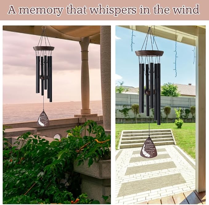 ASTARIN Memorial Wind Chimes for Outside, Sympathy Gift for Loss of Loved One, Black Aluminum Wind Chime with Pine Wood and Double-Sided Printed Wind Catcher