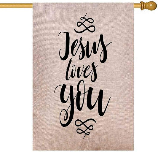 EMMTEEY House Flags 28x40 Double Sided Seasonal Burlap Yard Outdoor Decoration for Kids Garden Flag Jesus Loves You Inspirational Quote Design Element Housewarming Poster Modern Brush Lettering print