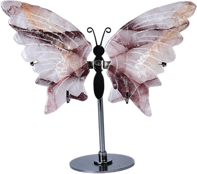 JIC Gem Hematoid Quartz Crystal Stone Butterfly Art Decorative Healing Crystal Slices Carved Angel Wings with Silver Stand Office Home Decor Reiki Gifts (1pair, 10cm)