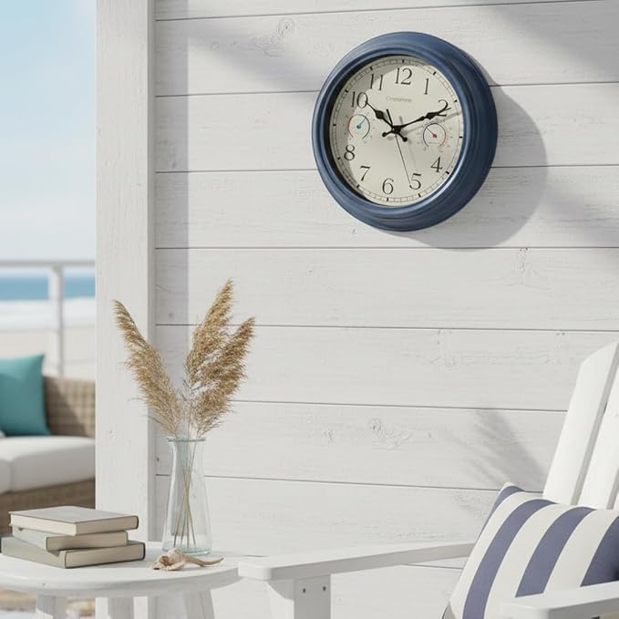 Crosstime 12 Inch Outdoor Clock Waterproof with Thermometer & Hygrometer – Silent Retro Wall Clock for Patio, Pool, Porch, Backyard, Bathroom – Blue