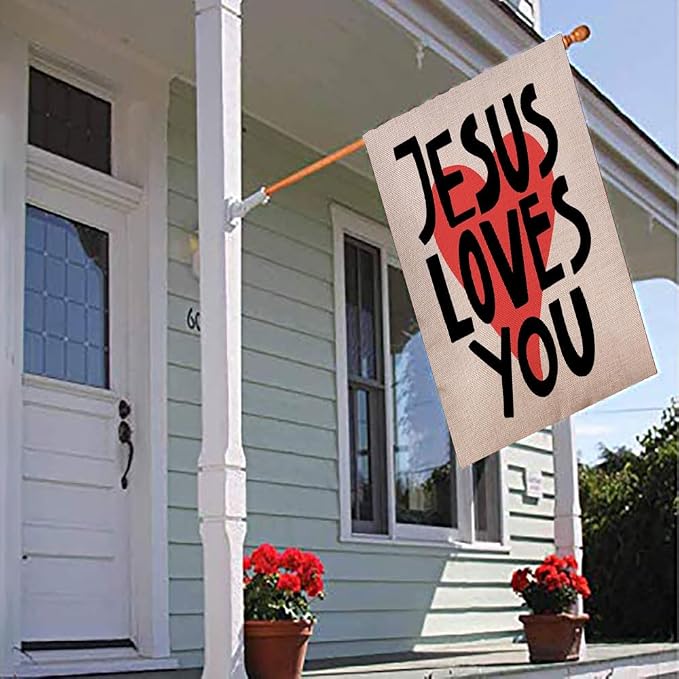 EMMTEEY Double Sided Easter Yard Flag - 28X40 Inch Outdoor Decor with Jesus Loves You Lettering, Modern Red Heart & White Design for Housewarming