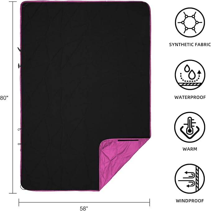 Large Waterproof Outdoor Blanket Thick Fleece 80" x 58" | Windproof Stadium Blanket, Wearable Poncho, Machine Washable for Camping, Car, Pet, Picnics - Rose Purple