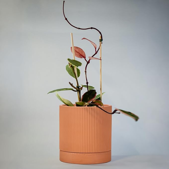 HERDUK Small Modern Terracotta Pots, 4.2 Inch Ribbed Textured Clay Planter Pots with Drainage Hole & Saucer, Garden Pots for Indoor Plants Succulent, Cacti & Fern, Set of 2