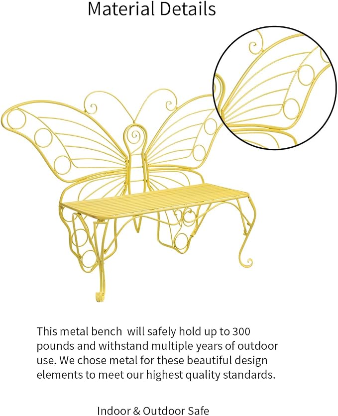 Plow & Hearth Weatherproof Butterfly Outdoor Bench | Holds Up to 300 lbs | Garden Patio Porch Park Deck | Metal | Yellow