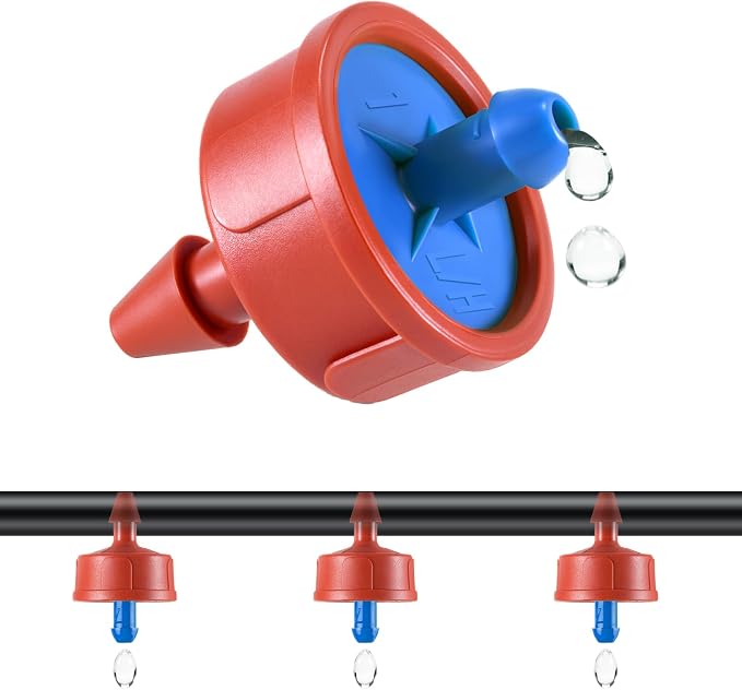 100 PCS 0.5 GPH Pressure Compensating Drip Irrigation Spot Watering Dripper, Gentle Flow Anti-Clog Drip Irrigation Emitters Heads Irrigation Drippers Parts for Indoor Outdoor Small Potted Plants