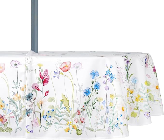 Zipper Tablecloth with Umbrella Hole for Patio Table, Waterproof Polyester Outdoor Table Cover, Easy Install Split Design, Wind Resistant, Multiple Patterns for Picnic, BBQ & Garden