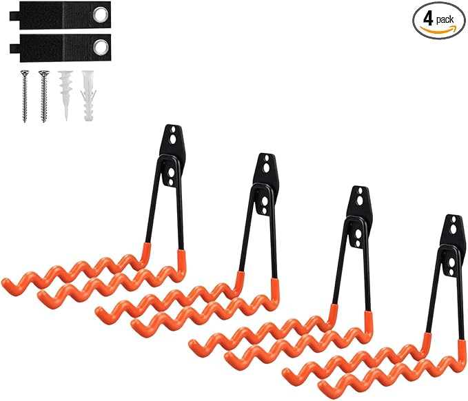 4 Pack Garage Hooks Heavy Duty with Anti-Slip Coating, Steel Utility Wave Hooks for Hanging Ropes, Bikes, Garden Tools, Hoses and More (Orange)
