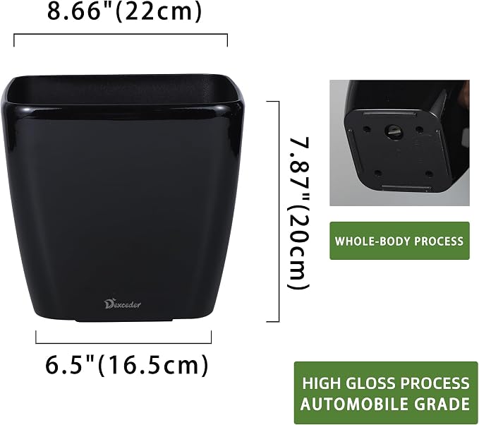 Dexceder 9x8 Self Watering Planter (Black High Gloss) | Inner Mat Design, Thickened Table Flower Plant Pot with Water Level Indicator Indoor Outdoor