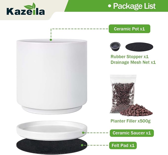 Kazeila 12 Inch Ceramic Planter Pot with Drainage Hole & Tray, Large Indoor Plant Pots, Modern Cylinder Flower Pot, Includes Mesh Net, Plug, Pads & 500g Clay Pebbles (White, 12 Inch)