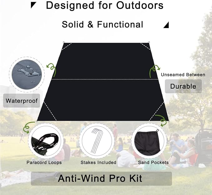 Outdoor Pocket Blanket, 55"x39" Waterproof Foldable Compact Small Picnic Blanket, Ultralight Tarp for Camping, Festival, Beach, Hiking, Backpacking, Travel, Stakes Included (Black)