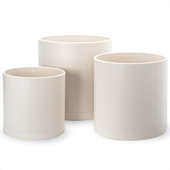 D'vine Dev 10 Inch 12 Inch 14 Inch, Set of 3 Plastic Planter Pots for Plants with Drainage Hole and Seamless Saucers, Oatmeal, XX-Large, 74-V-H-6