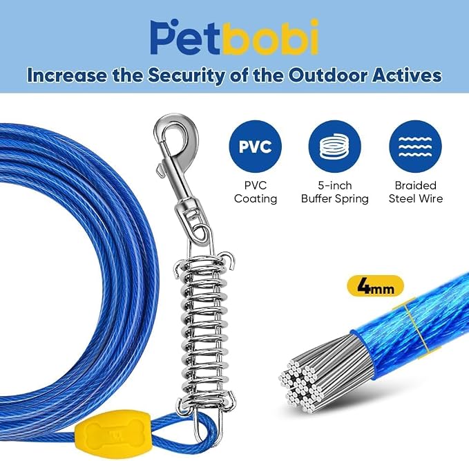 Petbobi Dog Tie-Out Cable and Stake - 40ft Heavy Duty Cable with Spring, No Tangle, 16in Ground Stake, Ideal for Yard, Camping and Beach, Suitable for Medium to Large Dogs Up to 120 lbs, Blue