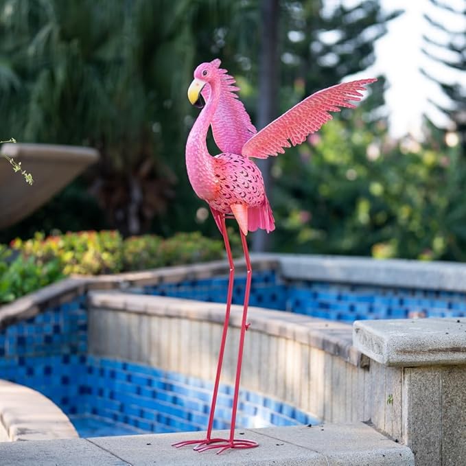 43" Metal Flamingo Garden Sculptures with Solar Light, Pink Flamingo Yard Art - Large Outdoor Lawn Ornaments & Decor for Patio, Backyard, Garden