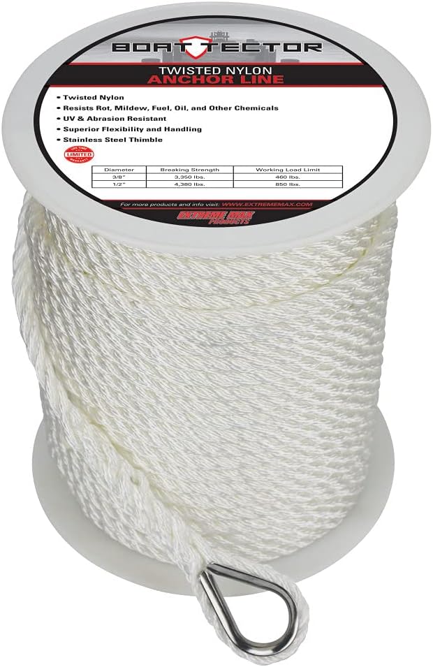 Extreme Max 3006.2297 BoatTector Twisted Nylon Anchor Line with Thimble - 3/8" x 200', White