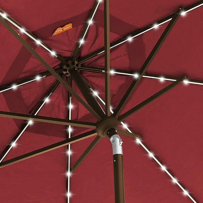 EliteShade USA 10-Year-Non-Fading 9ft Market Patio Umbrella, Commercial Grade Table Sun Umbrella with 80 Solar LED Lights, Crank Open, Windproof & UPF 50+ UV Protection for Garden, Deck, Pool, Backyard, Burgundy