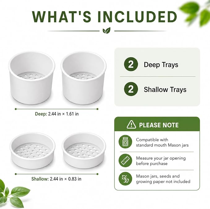 Microgreens Growing Trays for Standard Mouth Mason Jars, 4-Pack | Microgreens Growing Kit (2 Deep, 2 Shallow) | 2.44-Inch indoor Hydroponic Sprouting trays for Pea, Mung Bean, Sunflower &More