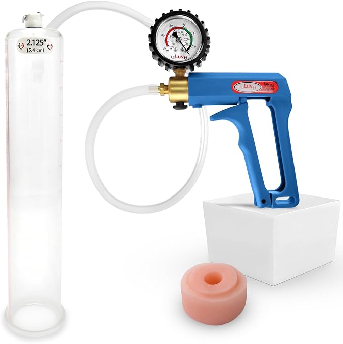 LeLuv Penis Pump Maxi Blue Handle + Protected Gauge - Bundle with Clear Hose, Silicone Donut Seal - 12 inch Length x 2.125 Inch Diameter Cylinder