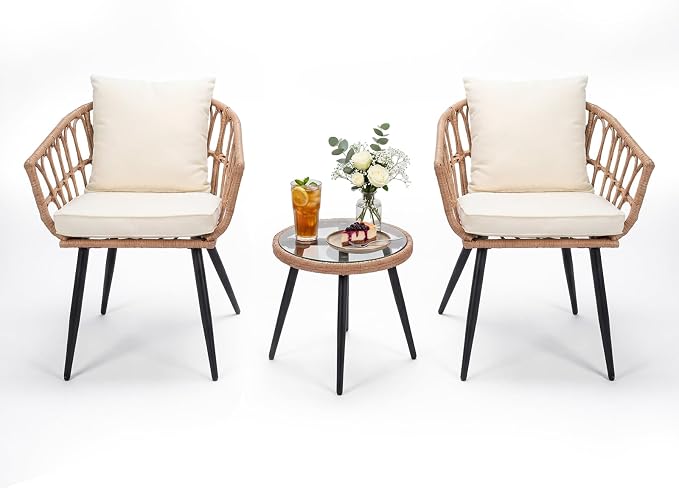 Upgraded 3 Piece Patio Bistro Set for Balcony, Backyard, Porch, Beige | All-Weather Rattan Patio Conversation Set, New Thickened and Reinforced Metal Frame, Tempered Glass Side Table, Easy-Clean