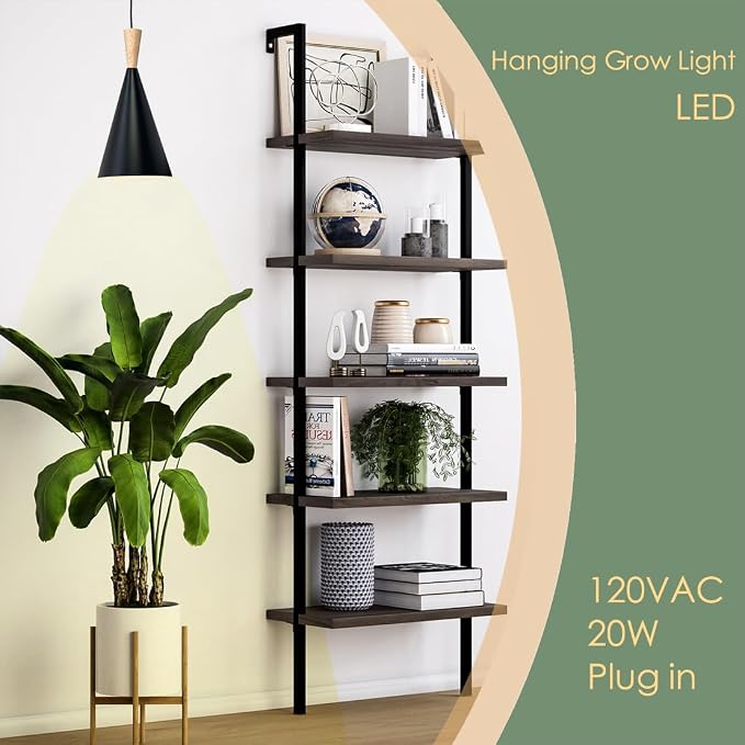 Hanging Grow Light, 20W Full Spectrum Pendant Grow Lights 15FT Power Cord, Decorative Grow Light for Indoor Plants, Flowers, Garden (Ceiling Mounted Hooks&Wall Mounted Bracket Included)