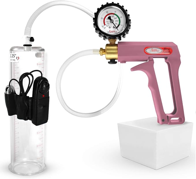 LeLuv Vibrating Penis Pump Maxi - Pink Nylon Handle + Protected Gauge and Clear Hose - 9 inch Length x 2.25 inch Diameter Cylinder