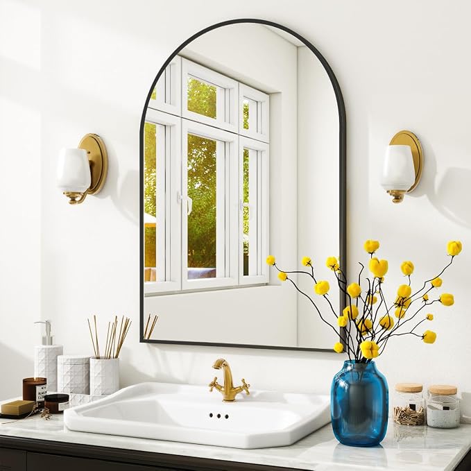 Arched Wall Mirror, 24 x 36 inch Arch Bathroom Mirror Black | Wall Mounted Vanity Mirror with Arch Metal Frame, Modern Bathroom Vanity Mirror for Bedroom, Living Room, Hanging or Leaning