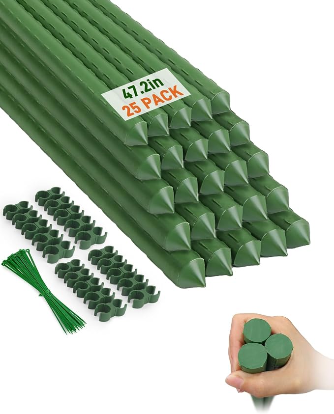 25 Pack 4FT Garden Stakes with Clips & Ties, 0.78" Steel Core Plastic Covered Plant Support Stakes for Tomatoes, Vegetables & Climbing Plants