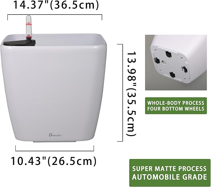 Dexceder 15x14 Self Watering Planter with Wheels (White Matte) | Inner Mat Design, Thickened Large Floor Standing Flower Plant Pot with Water Level Indicator Indoor Outdoor