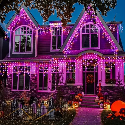 Orange and Purple Christmas Lights Outdoor Indoor, 33ft Icicle Lights for Outside 400 LED Twinkle Christmas Light with 75 Drops Clear Wire Short Curtain Light for House Party Tree Holiday Yard Decor by Nielfoi