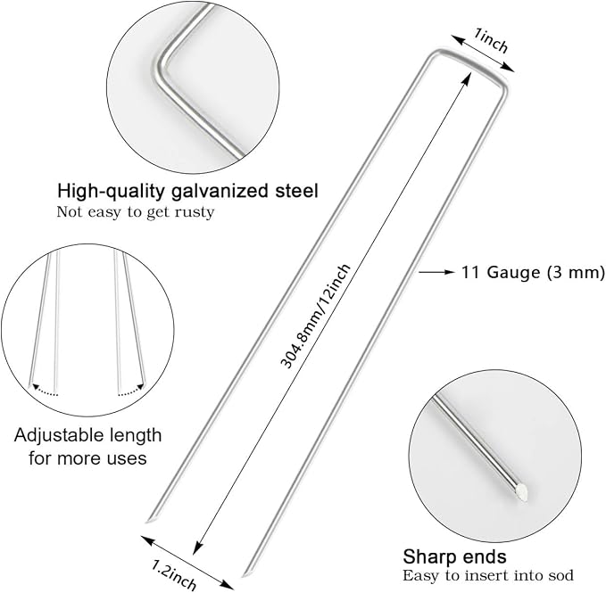 FEED GARDEN 12 Inch 100 Pack Galvanized Landscape Staples 11 Gauge Anti-Rust Garden Stakes Landscaping Fabric SOD Pins Yard Stakes for Weed Barrier Fabric