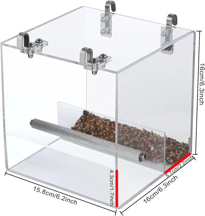 Automatic Bird Feeder for Cage, Automatic Acrylic Bird Feeder No Mess Bird Cage for Small Bird Parrots Canary Parakeet Budgerigar Crested Myna Cockatiel (L: 6.2" x 6.3" x 6.3")