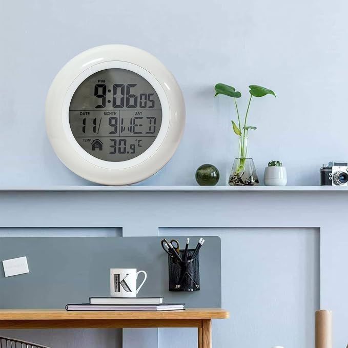 Digital Bathroom Waterproof Clock, Indoor White Wall Clock with Suction Cup, Plastic Frame, Flexible Choice for Hanging Or Standing, Modern Silent Small Wall Clock for Living Room and Kitchen