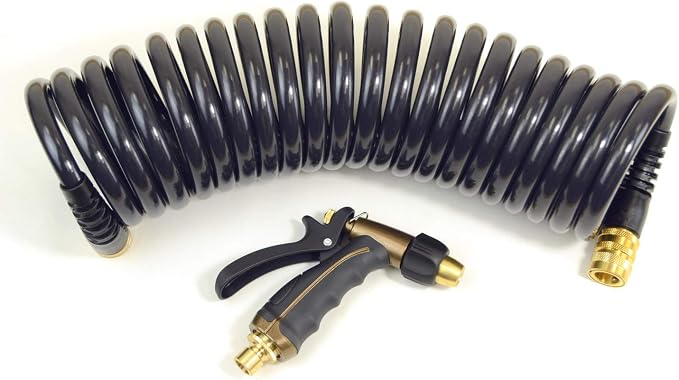 Hose Kit: 1/2" ID x 25' HP Quality Coiled Hose (Charcoal Gray) with Metal Body Spray Nozzle and Brass Quick Release Swivel Connector