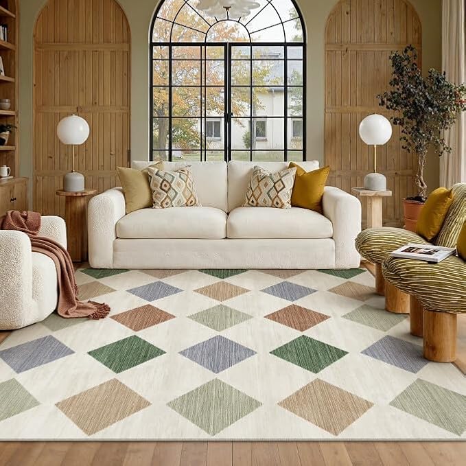 5x7 Washable Area Rug Living Room Large Non Slip Checkered Rugs | Soft, Low Pile, Easy Clean, Colorful, Diamond Pattern for Bedroom, Office, Dining Room, Kids Room, Modern Neutral Decor