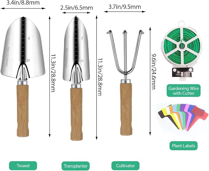 LeMotech Garden Tool Set, 3Pcs Stainless Steel Heavy Duty Gardening Kit Including Trowel Transplanter Cultivator Gardening Hand Tools with Handle, Planting Tool for Women Men