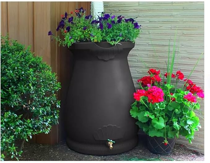 Rain Wizard Decorative Urn Rain Barrel, Durable polyethylene Resin, with Brass Spigot, Flat-Back Design,Perfect for Gardening Any Home (Black, 65 Gallon)