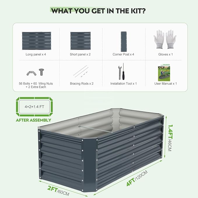 4×2×1.4ft Galvanized Raised Garden Bed Kit, Metal Planter Boxes Outdoor, High Raised Beds for Vegetables, Fruits, and Flowers - IronGrey