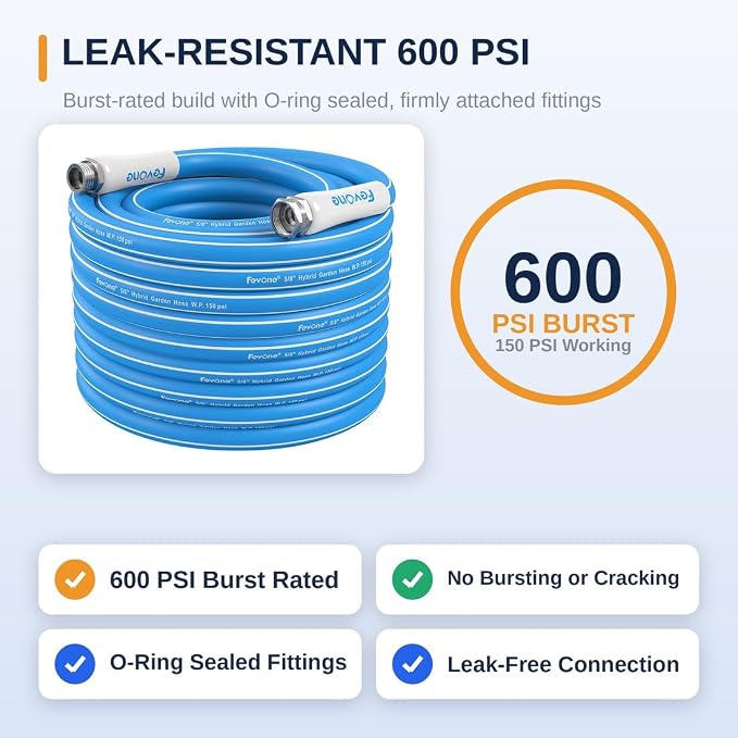 FEVONE Kink Free Garden Hose 75 ft, Heavy Duty Water Hose | Flexible Hybrid Polymer, Drinking Water Safe, 5/8 ID, 600 PSI, Leak-Proof, Aluminum 3/4 GHT Fittings for Garden Watering
