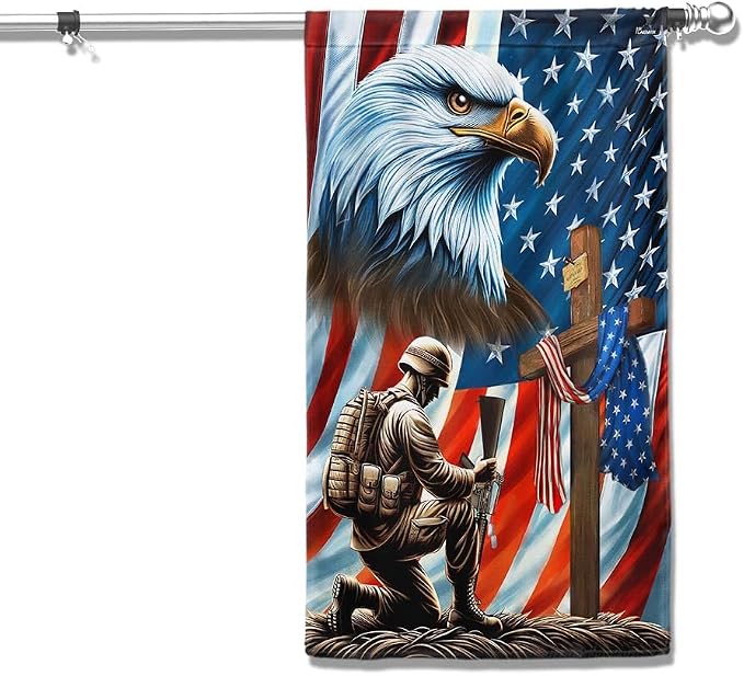 American Flag-Patriotic Eagle Veteran Kneeling Soldier Christ Cross Memorial Day American Flag MLN2793F, 3x5 ft. Flag-USA Flags Premium Polyester-Decorative Indoor Outdoor Flag